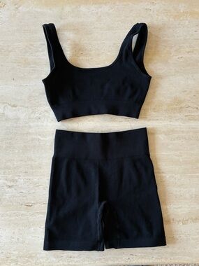 Black Ribbed Sports Bra and High-Waist Bike Shorts Set